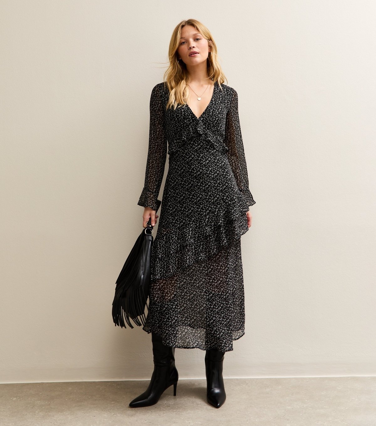 New Look Women's Black Ditsy Print Chiffon Ruffle Trim Midi Dress New Look - 3