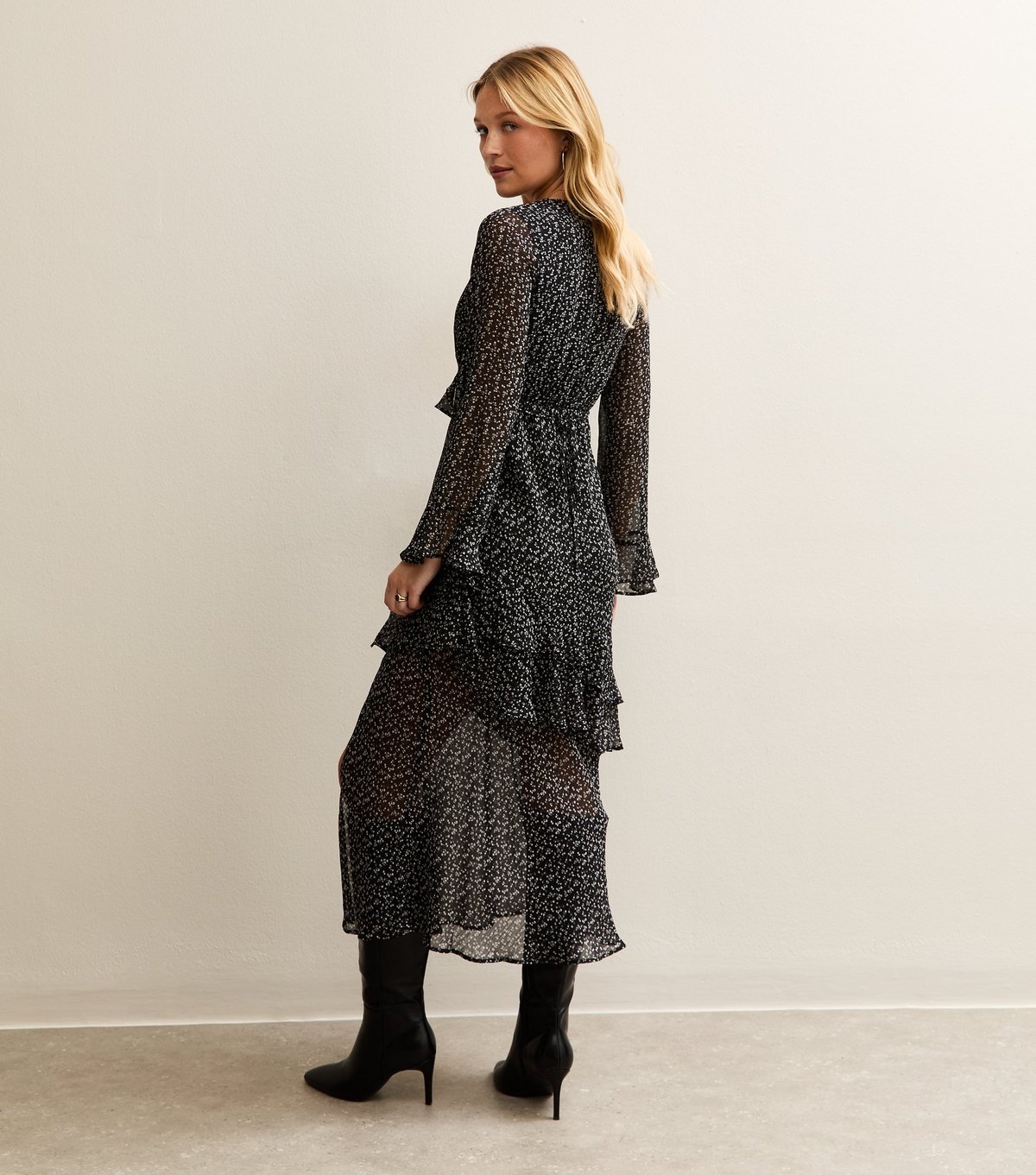 New Look Women's Black Ditsy Print Chiffon Ruffle Trim Midi Dress New Look - 4