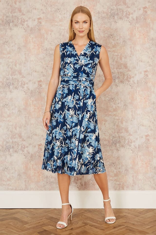 Yumi Yumi Women's Blue Floral Mesh Wrap Skater Dress With Pockets - 2