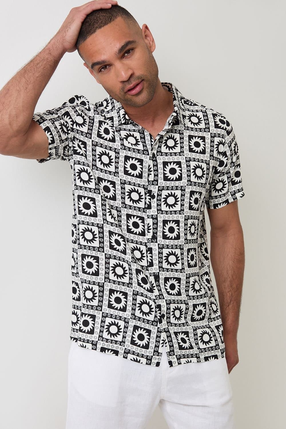 Threadbare Threadbare Men's Geometric Sun Print Short Sleeve Shirt in Black