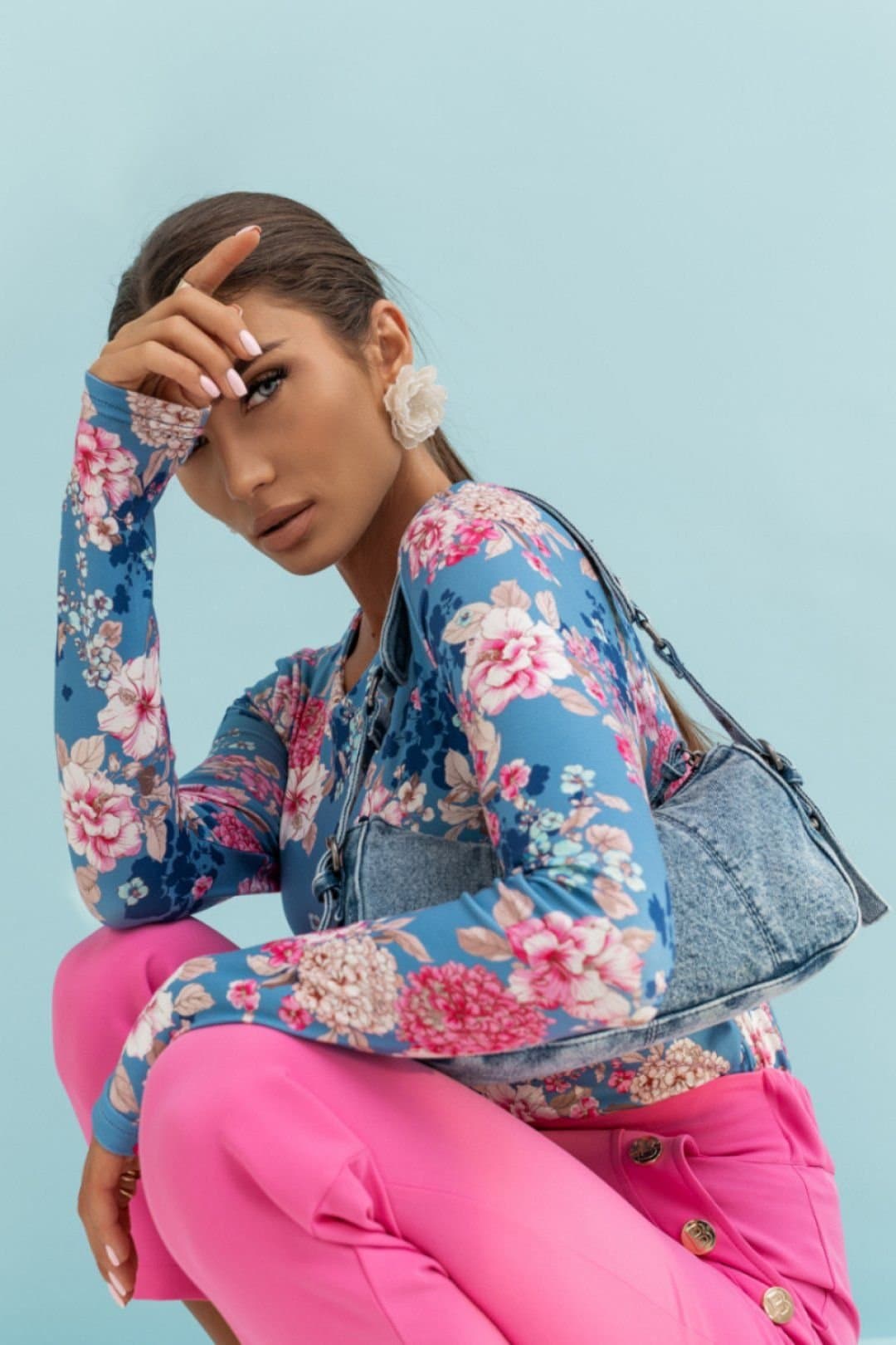 Love Lace Love Lace Women's SHIRA Floral Long Sleeve Viscose Blouse in Blue