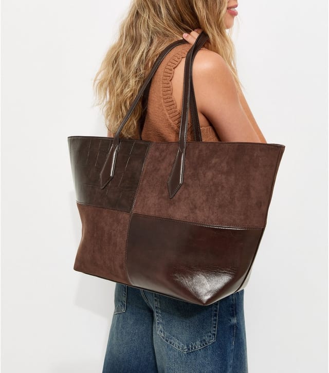 New Look Dark Brown Faux Leather Patchwork Shopper Tote Bag New Look - 2