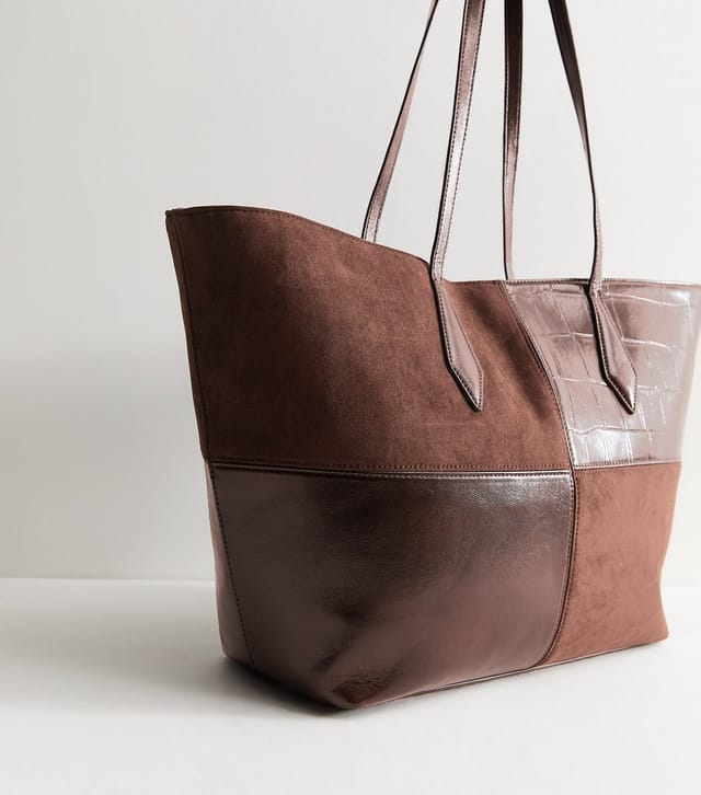 New Look Dark Brown Faux Leather Patchwork Shopper Tote Bag New Look - 3