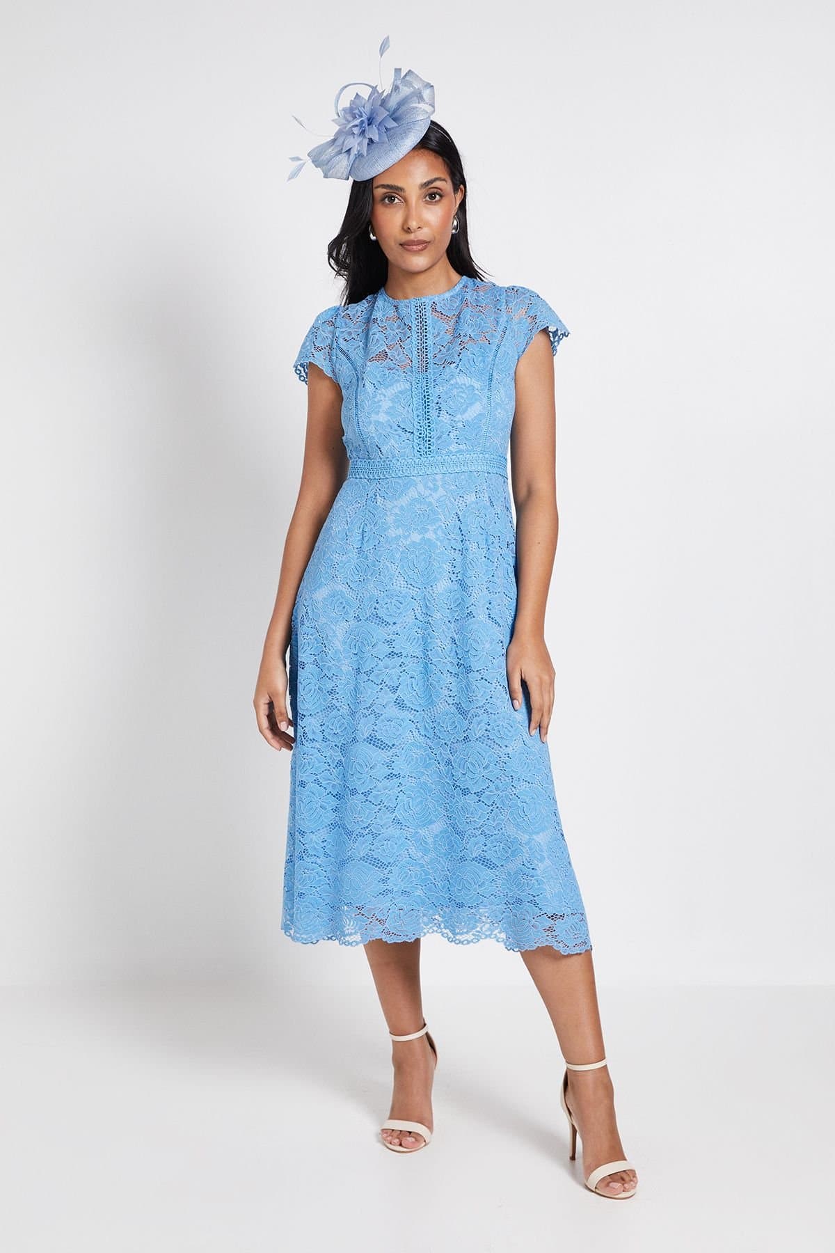 Wallis Wallis Women's Petite Lace Fit & Flare Midi Dress in Cornflower Blue