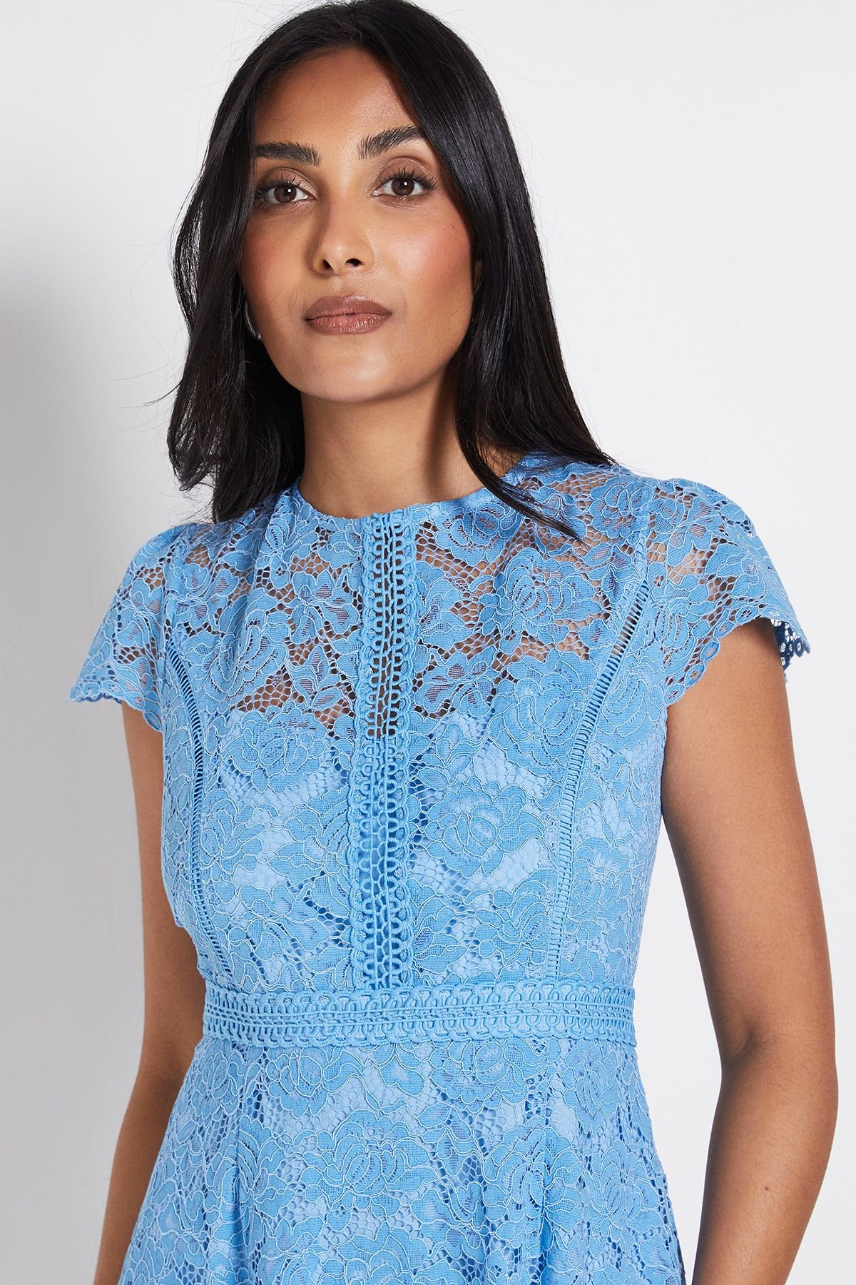 Wallis Wallis Women's Petite Lace Fit & Flare Midi Dress in Cornflower Blue - 4