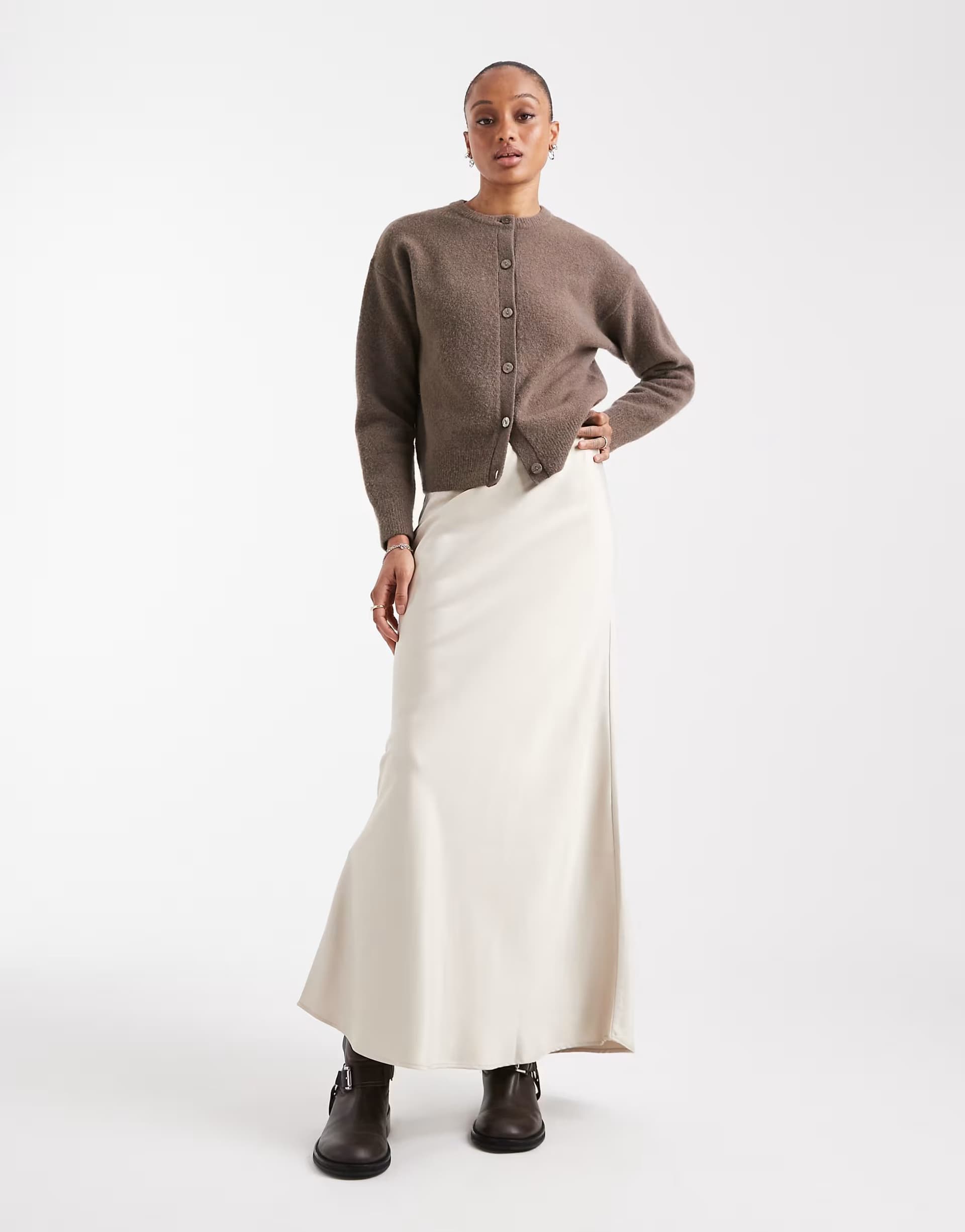 ASOS Vero Moda Tall satin bias midi skirt in stone
