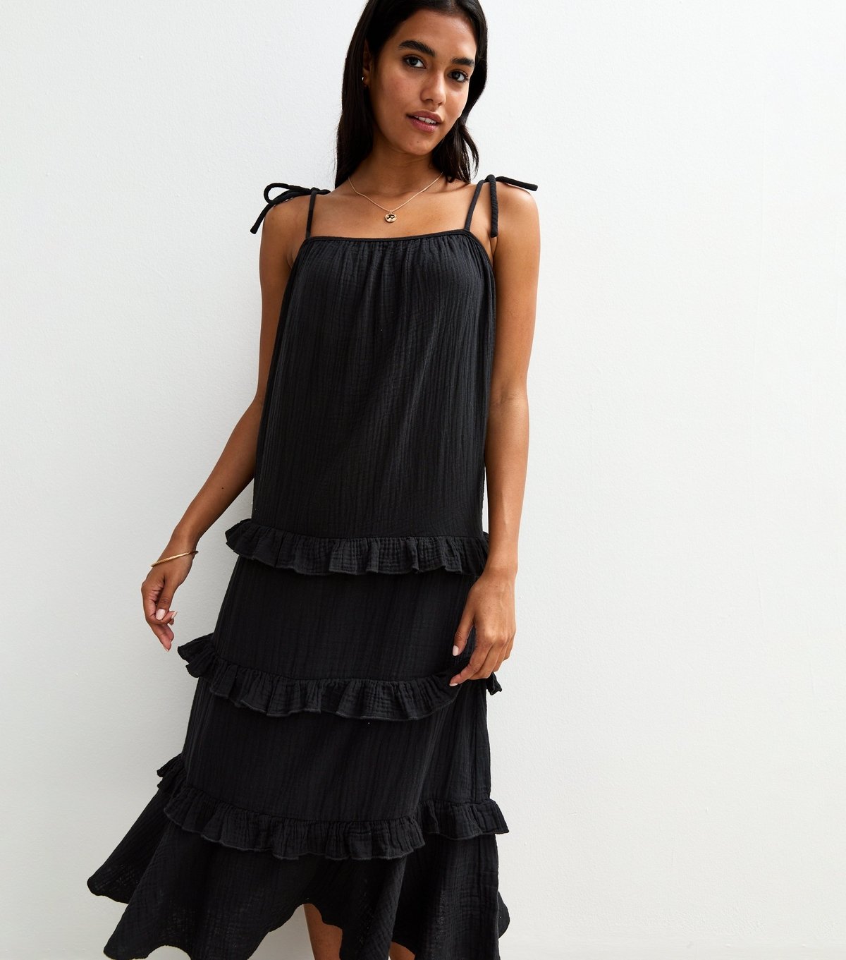 New Look Women's Black Crinkled Frilly Trim Midi Dress New Look - 2
