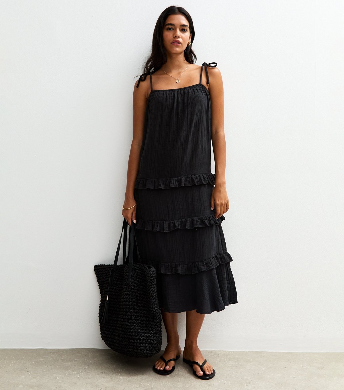 New Look Women's Black Crinkled Frilly Trim Midi Dress New Look - 3