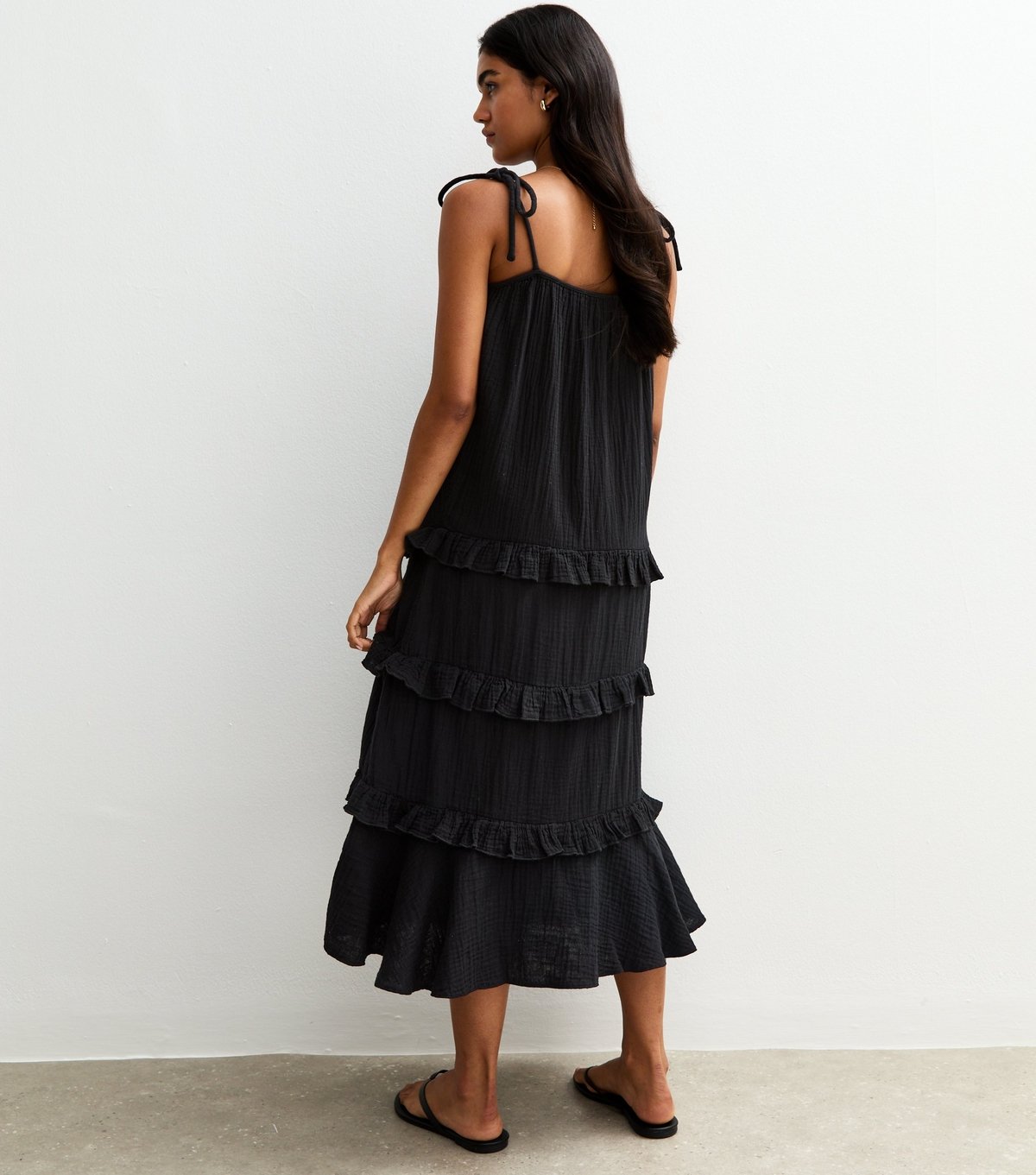 New Look Women's Black Crinkled Frilly Trim Midi Dress New Look - 4