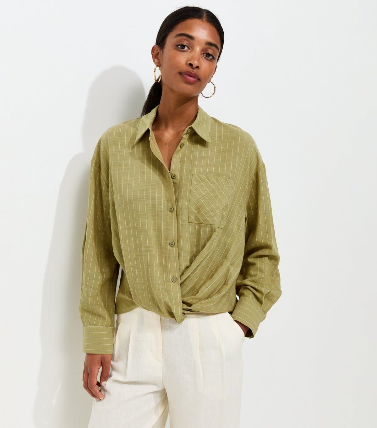 New Look Women's Green Cotton Rich Striped Twist Front Long Sleeve Shirt New Look
