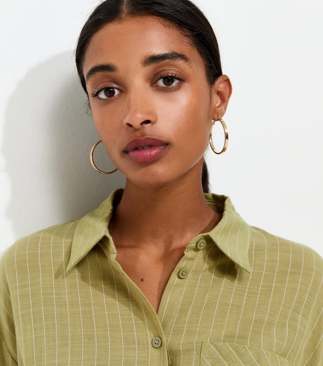 New Look Women's Green Cotton Rich Striped Twist Front Long Sleeve Shirt New Look - 2