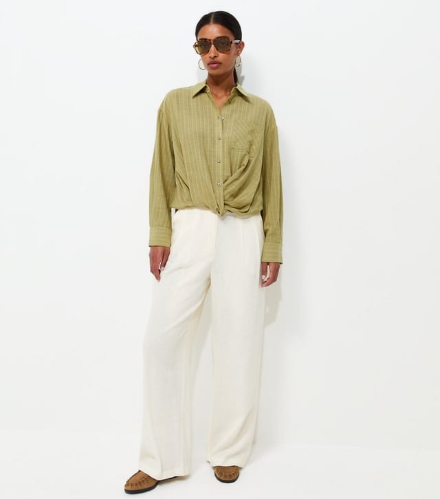 New Look Women's Green Cotton Rich Striped Twist Front Long Sleeve Shirt New Look - 3