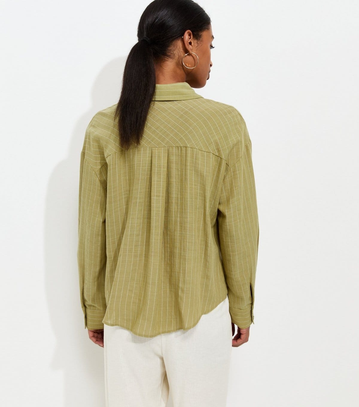 New Look Women's Green Cotton Rich Striped Twist Front Long Sleeve Shirt New Look - 4