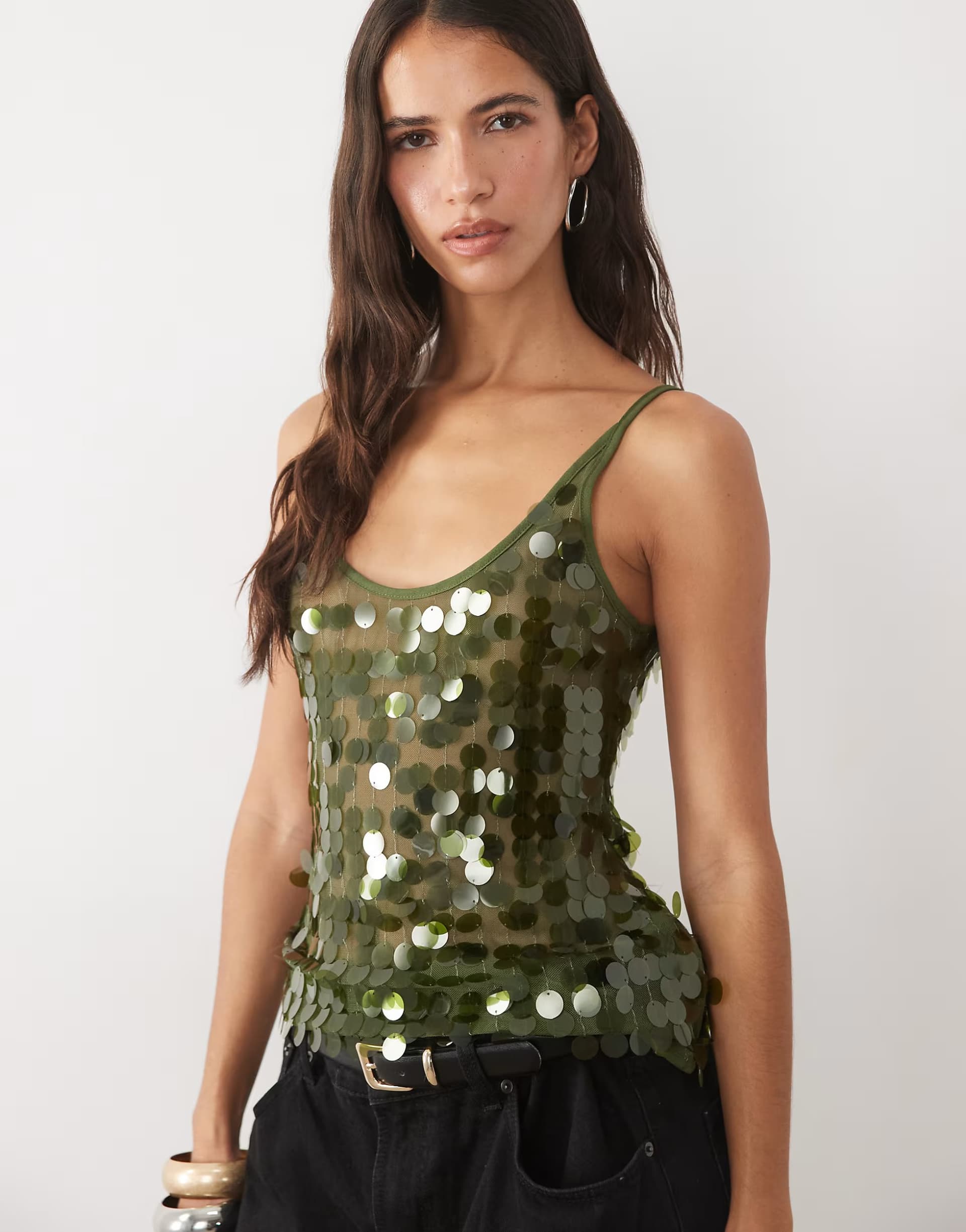 ASOS ASOS DESIGN disc scatter sequin scoop neck sleeveless top in dark olive