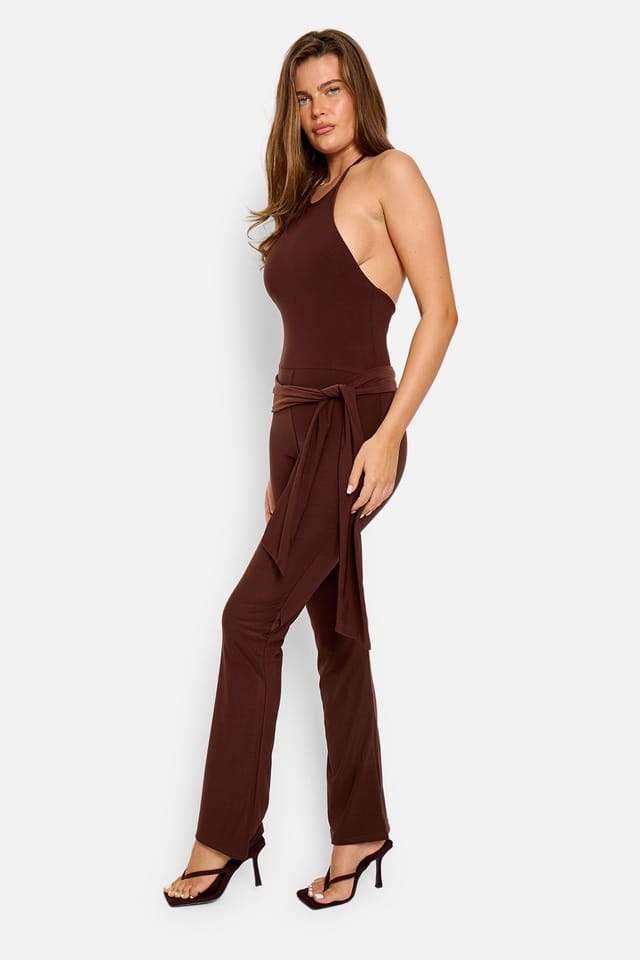 Public Desire Public Desire Women's Tie Back Belted Jumpsuit Chocolate - 2