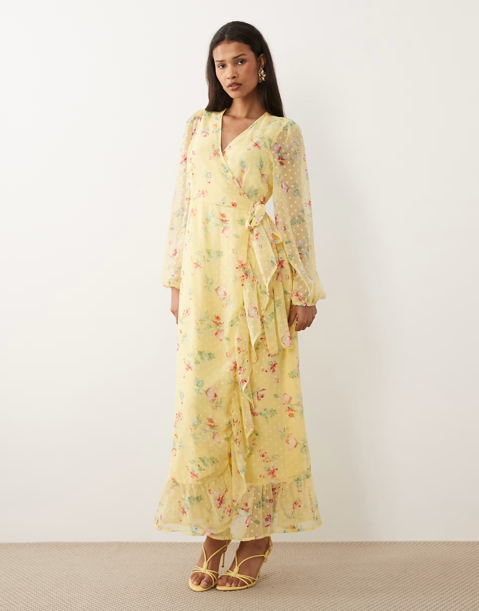 ASOS Vila dobby wrap maxi dress with frill detail in pastel yellow floral print