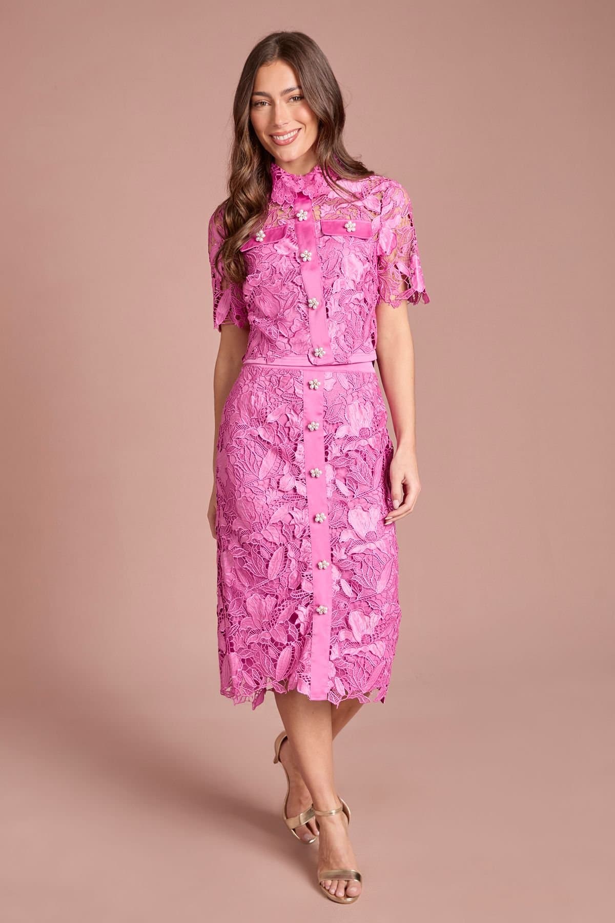 Coast Coast Women's Lace Pearl Button Shirt in Pink