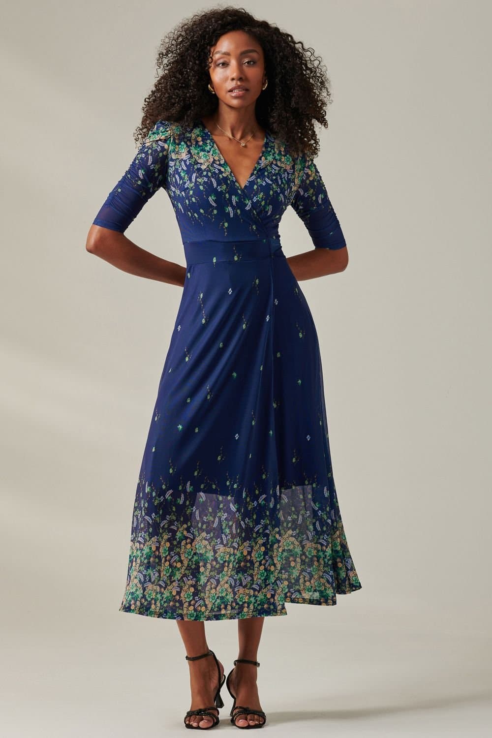 Jolie Moi Jolie Moi Women's Stella Floral Print Wrap Mesh Maxi Dress in Yellow