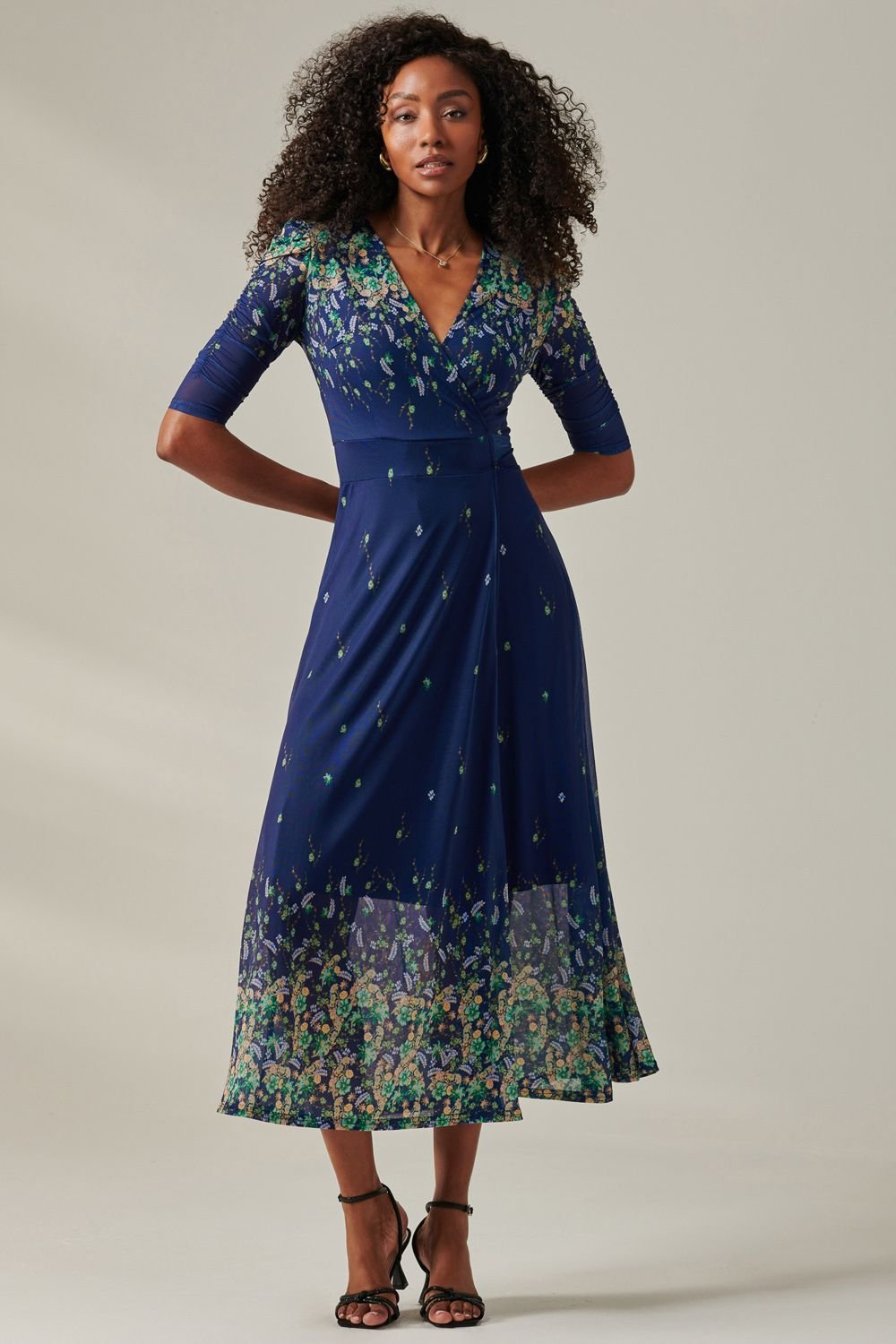 Jolie Moi Jolie Moi Women's Stella Floral Print Wrap Mesh Maxi Dress in Yellow - 2