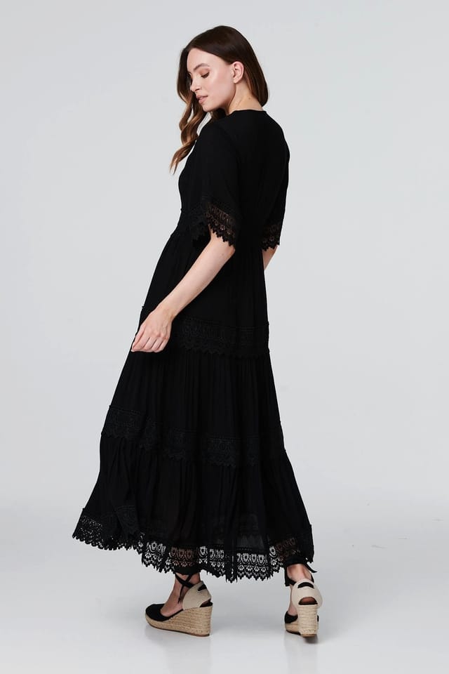 Izabel London Izabel London Women's Short Sleeve Crochet Maxi Dress in Black - 3