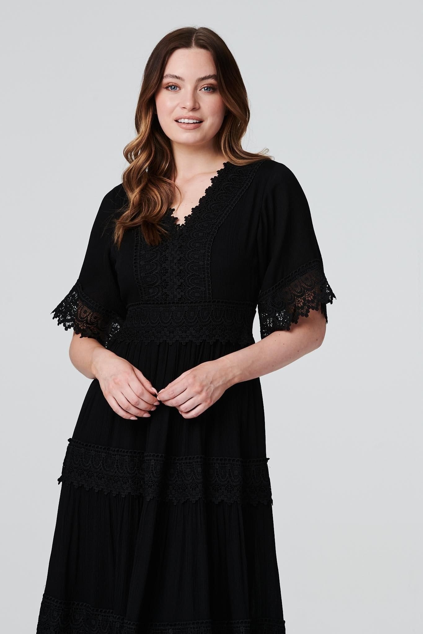 Izabel London Izabel London Women's Short Sleeve Crochet Maxi Dress in Black - 4