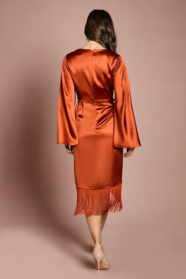 Coast Coast Women's Satin Fringe Hem Wrap Waist Midi Dress in Rust - 3
