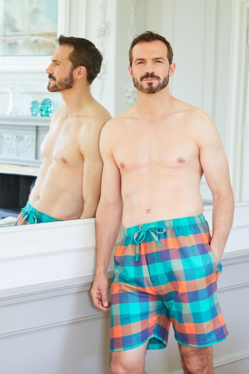 British Boxers British Boxers Men's "Acorn Squash" Check Brushed Cotton Sleep Shorts in Dark Green - 2