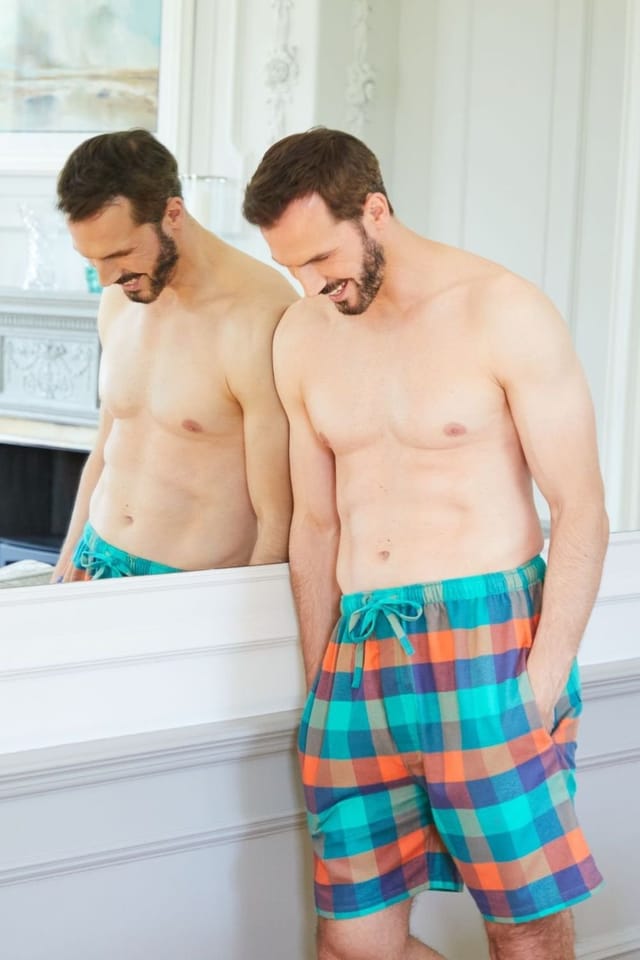 British Boxers British Boxers Men's "Acorn Squash" Check Brushed Cotton Sleep Shorts in Dark Green - 3