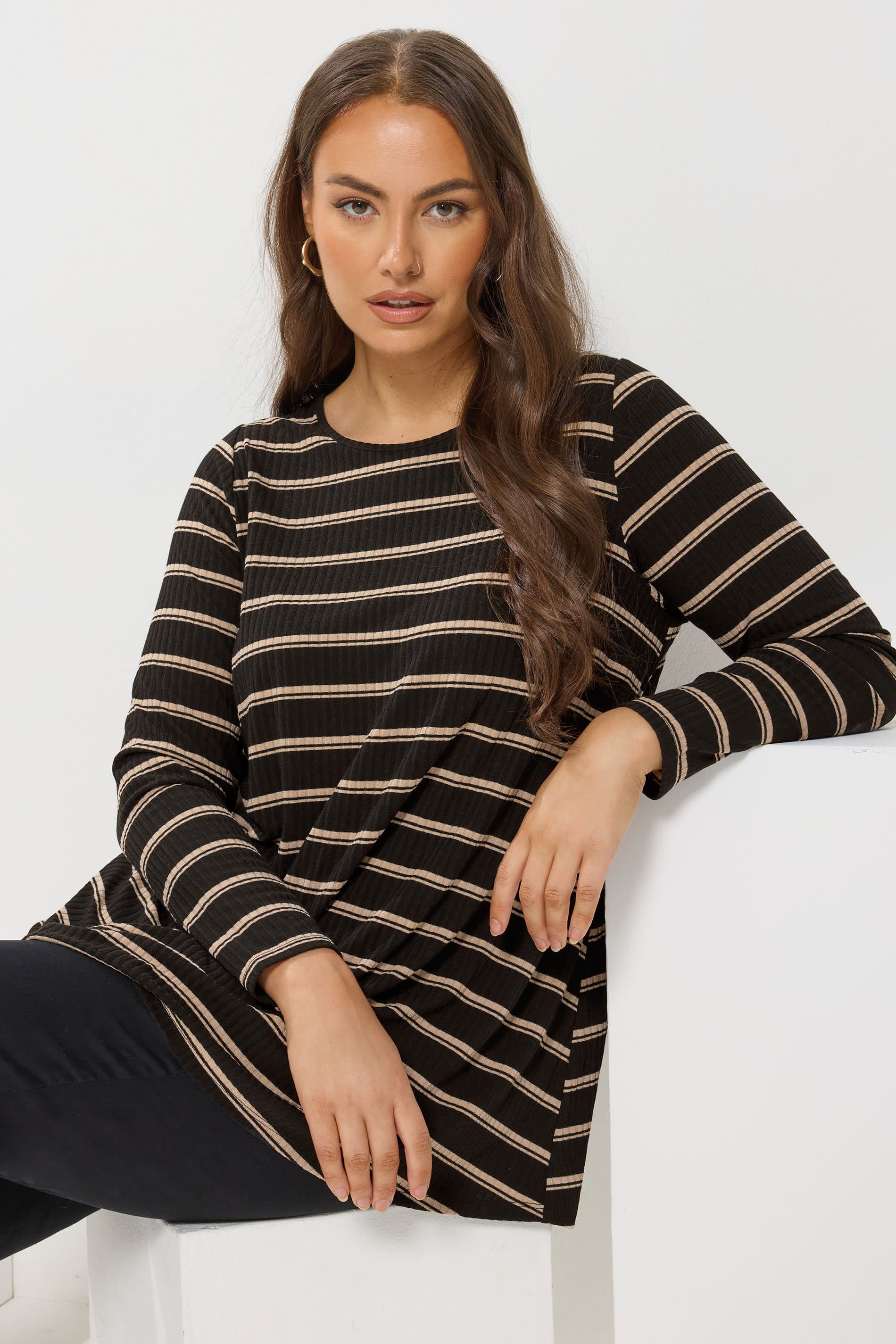 Yours Plus Size Black Stripe Ribbed Swing Top