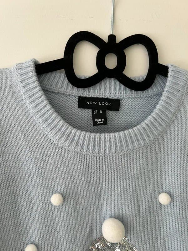 New Look Penguin Christmas jumper pompom sequin baby blue