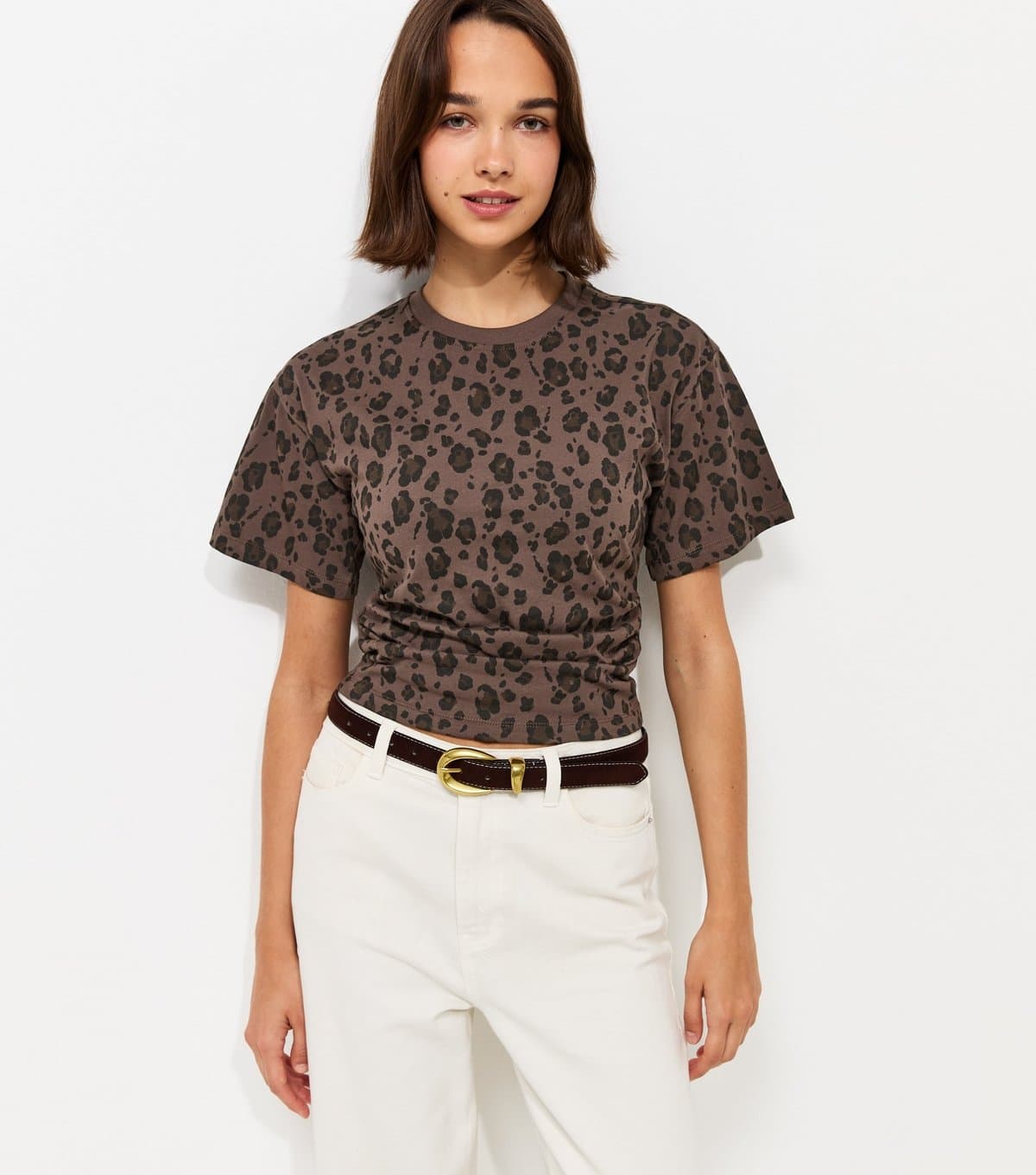 New Look Women's Brown Cotton Leopard Print Corset Waist T-Shirt New Look
