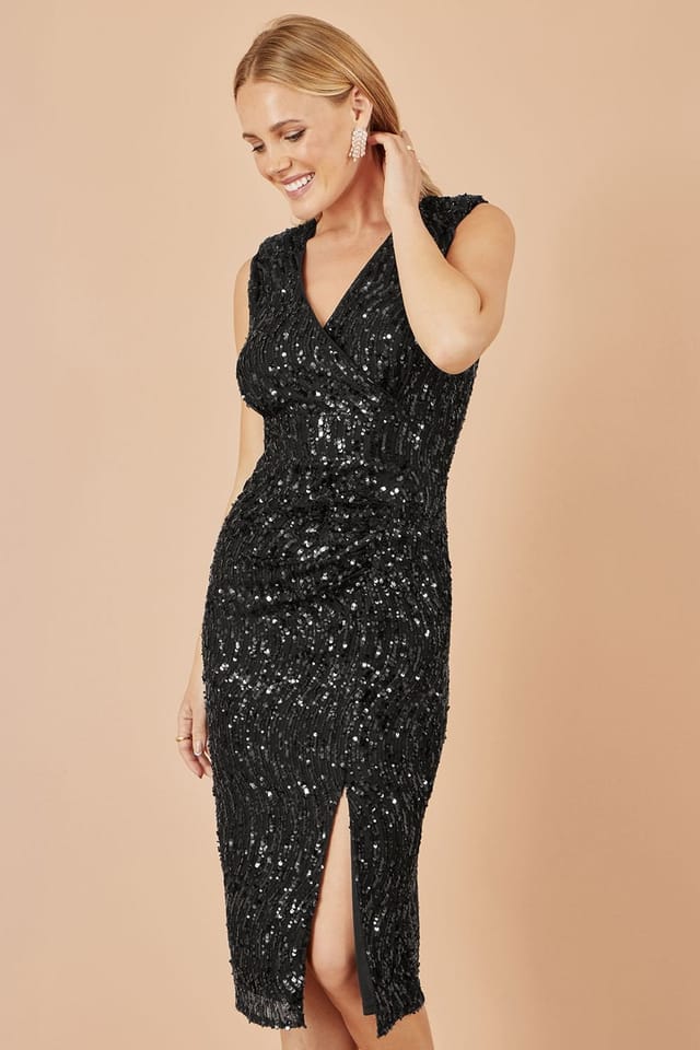 Yumi Yumi Women's Black Sequin Fitted Wrap Dress With Split Hem - 2