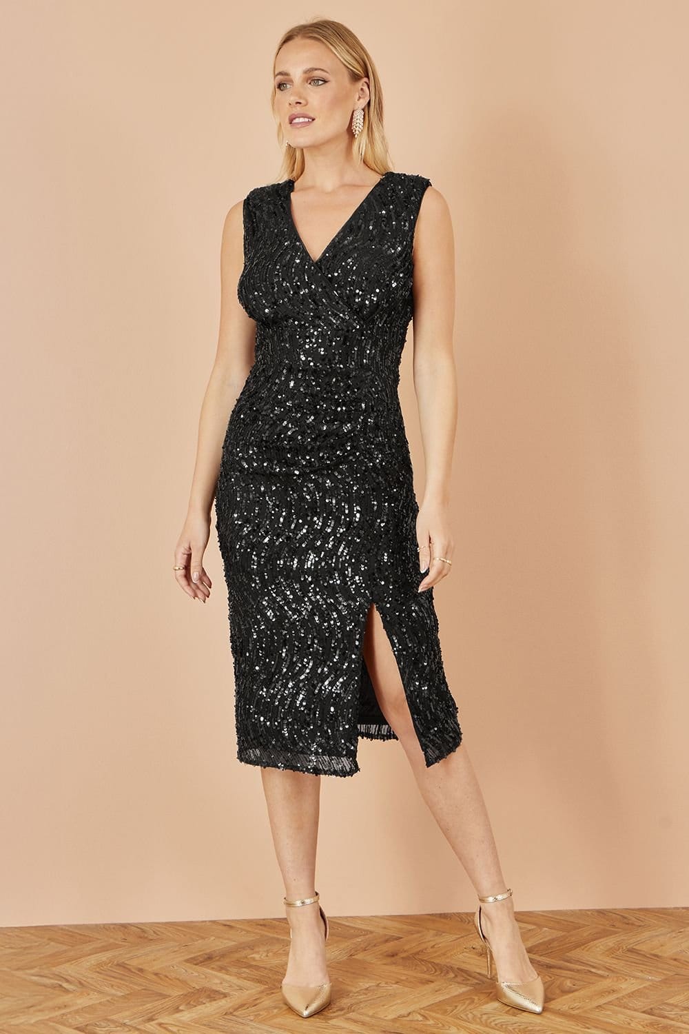 Yumi Yumi Women's Black Sequin Fitted Wrap Dress With Split Hem - 4