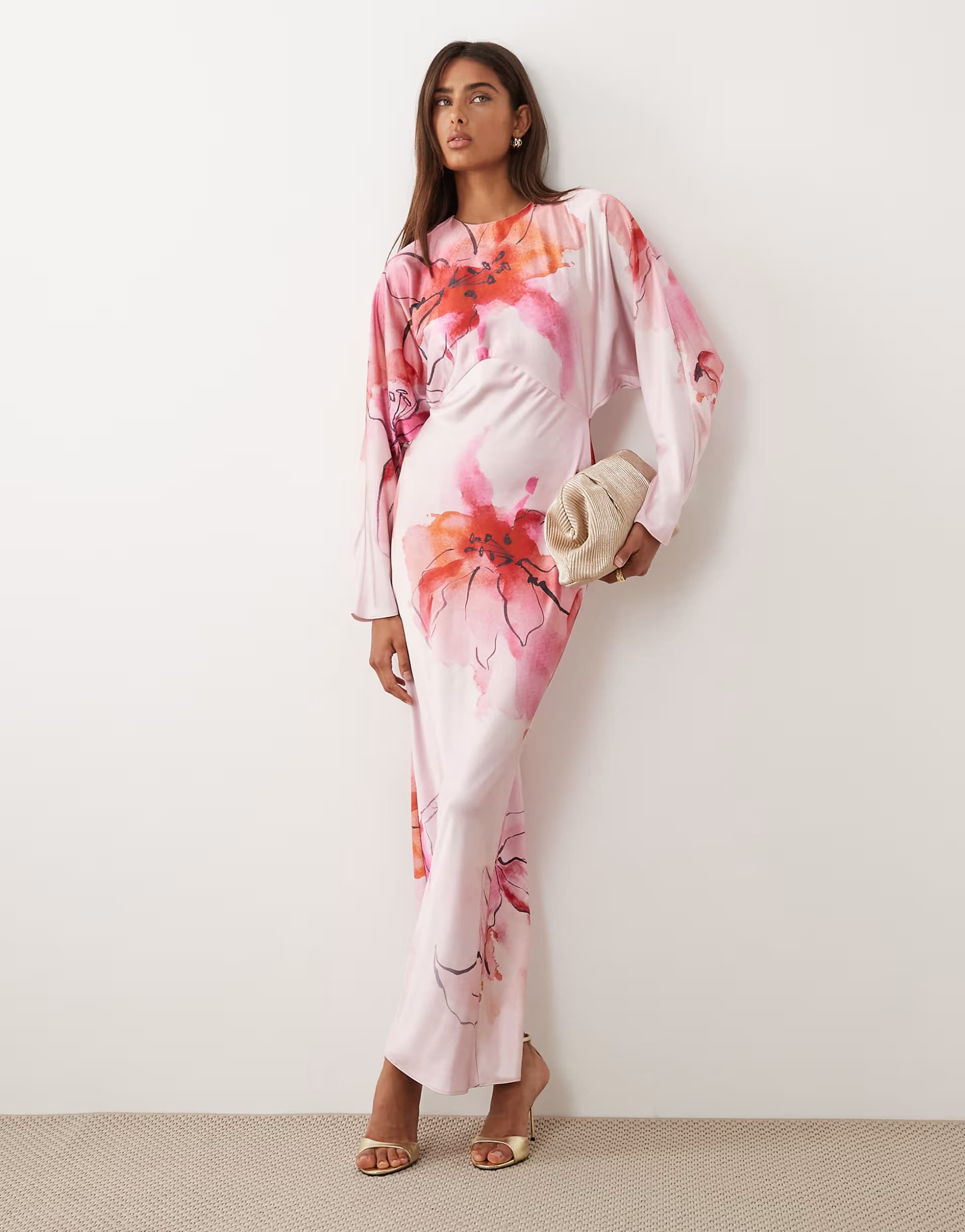 ASOS ASOS DESIGN satin batwing maxi dress in pink floral print