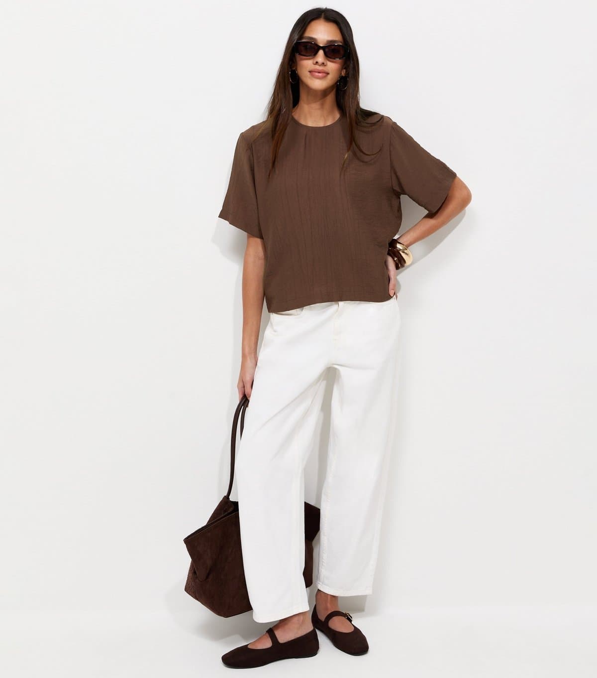 New Look New Look Dark Brown Woven Short Sleeve T-Shirt