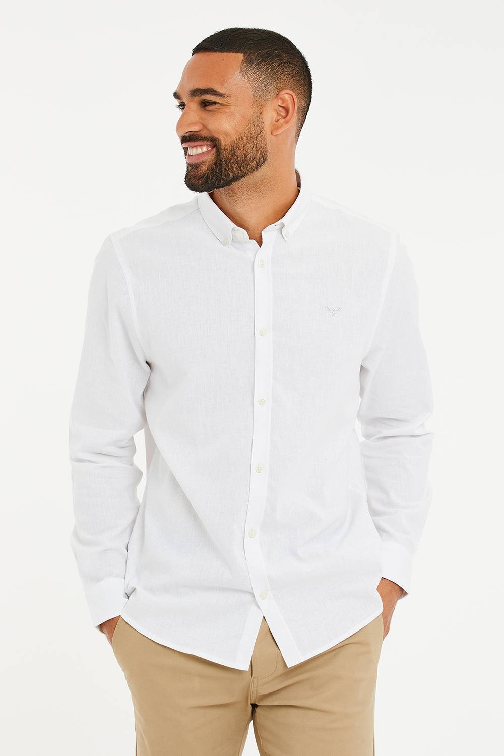 Threadbare Threadbare Men's 'Bale' Linen Blend Long Sleeve Shirt in White - 4