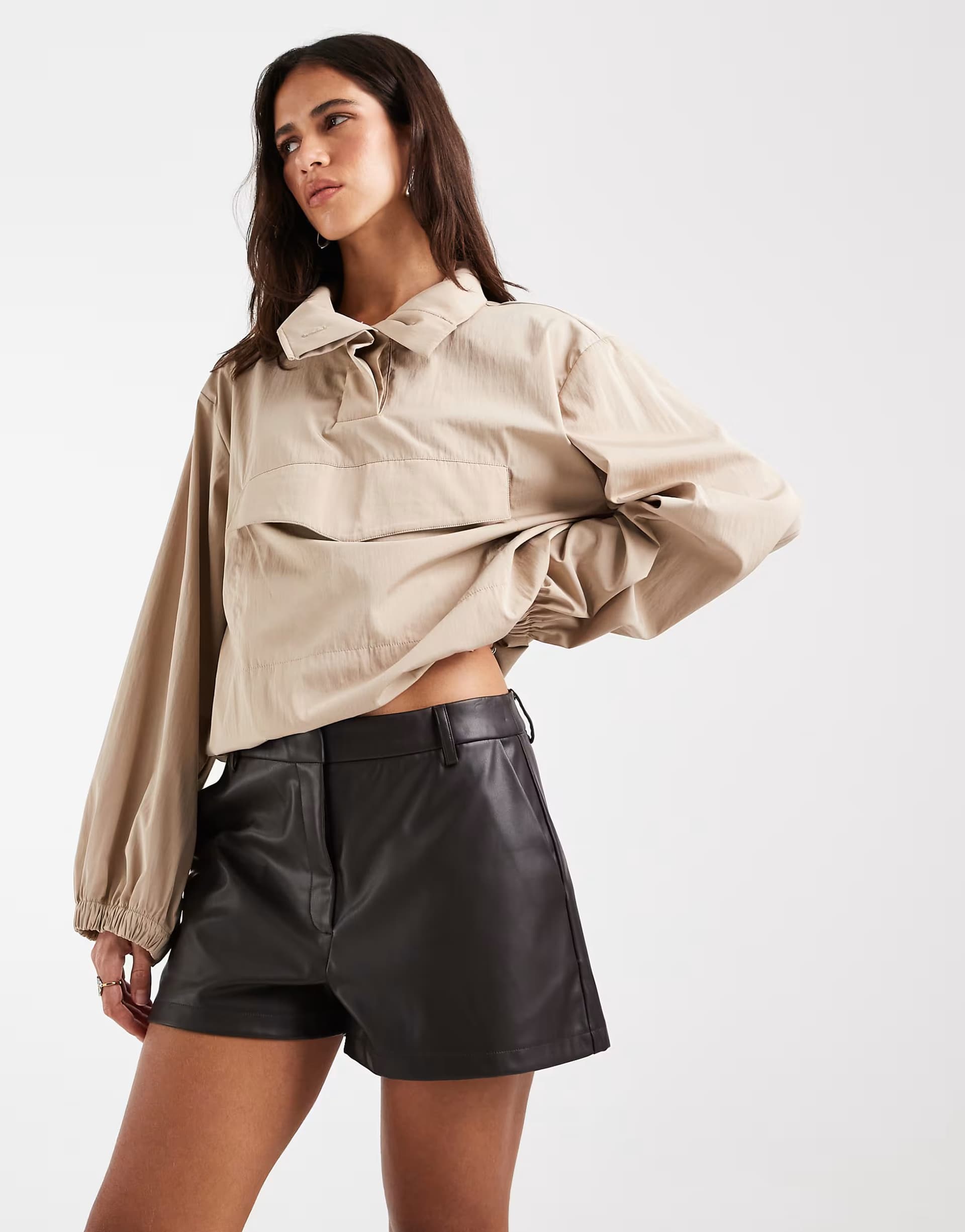 ASOS ASOS DESIGN Tailored faux leather micro shorts in brown