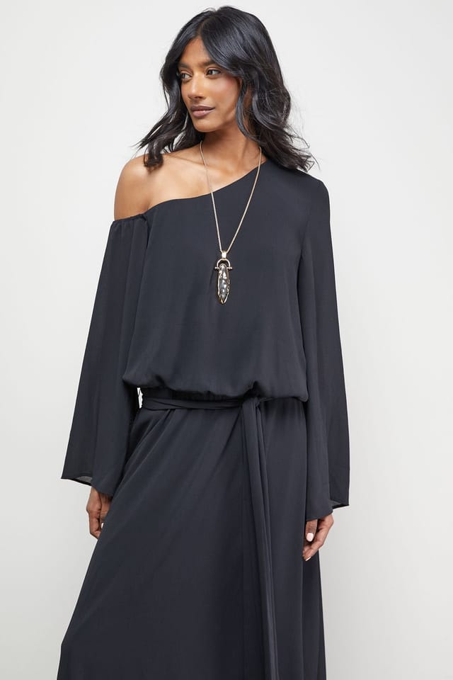 Warehouse Warehouse Women's Crinkle Chiffon One Shoulder Drop Waist in Black - 2