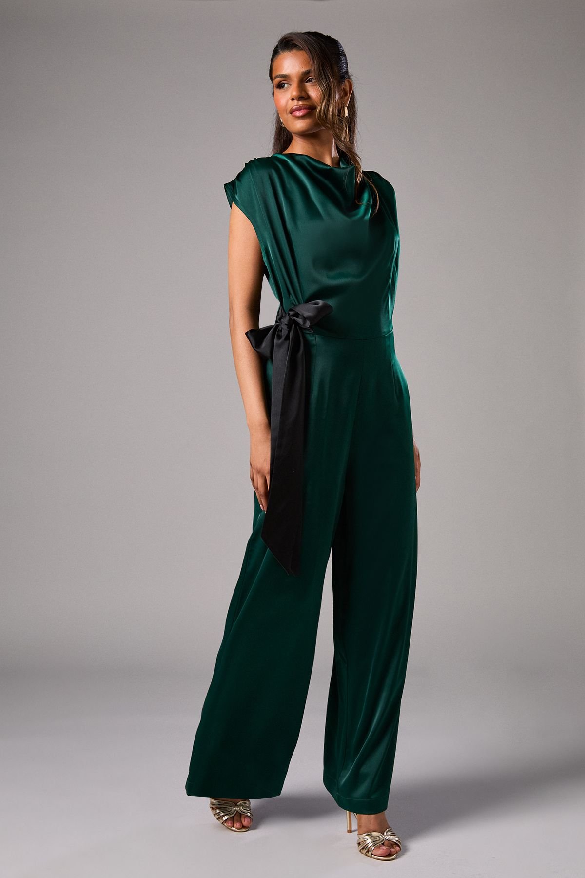 Coast Coast Women's Petite Tie Side Satin Drape Wide Leg Jumpsuit in Emerald - 2