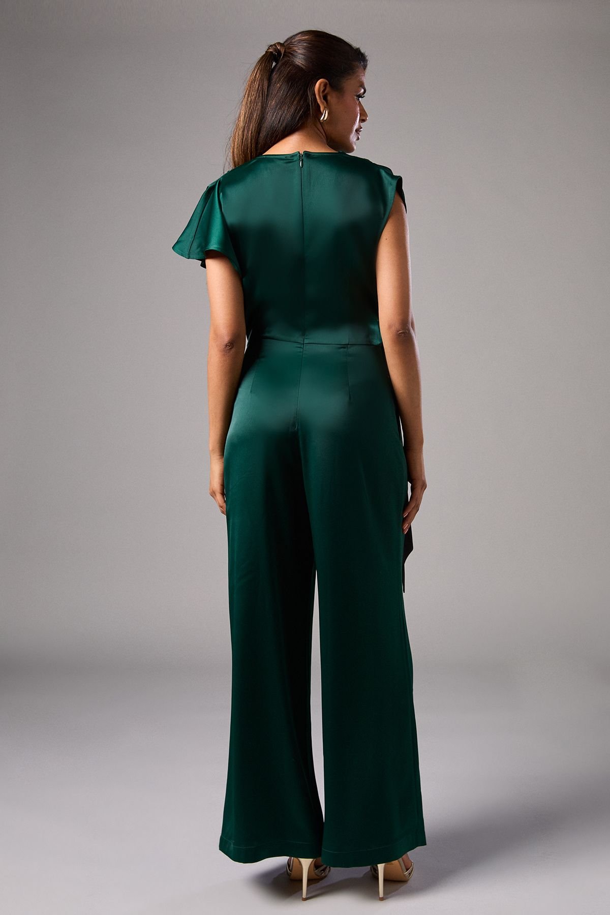 Coast Coast Women's Petite Tie Side Satin Drape Wide Leg Jumpsuit in Emerald - 3