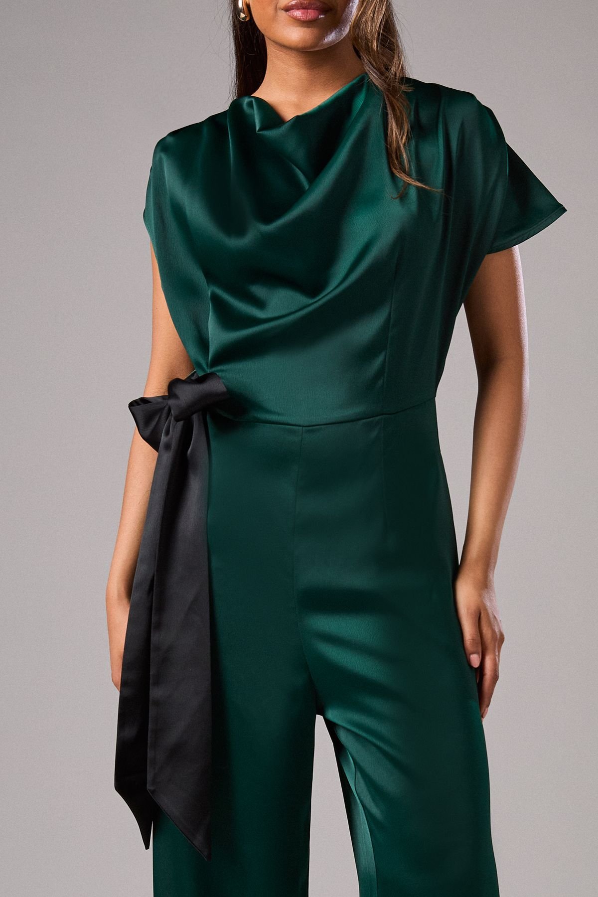 Coast Coast Women's Petite Tie Side Satin Drape Wide Leg Jumpsuit in Emerald - 4