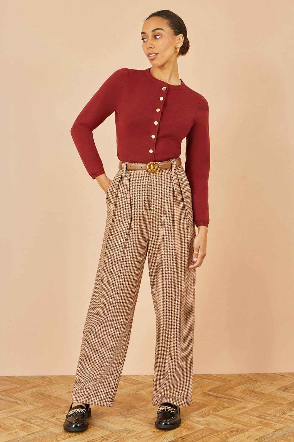 Yumi Yumi Women's Brown Check Wide Leg Trousers
