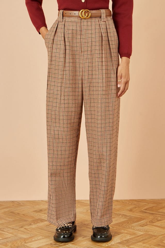 Yumi Yumi Women's Brown Check Wide Leg Trousers - 2