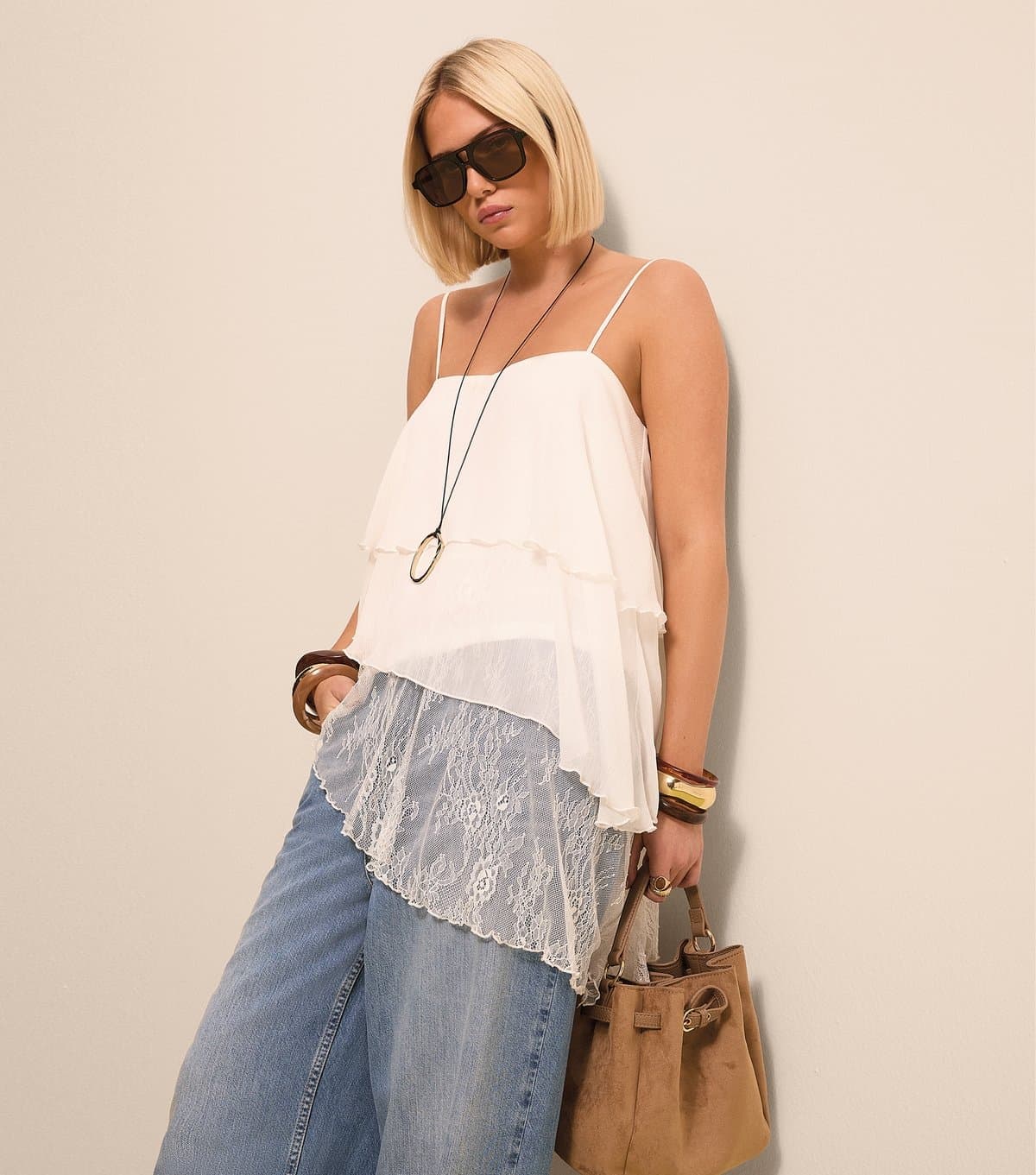 New Look Women's Off White Lace Asymmetric Tiered Cami Top New Look