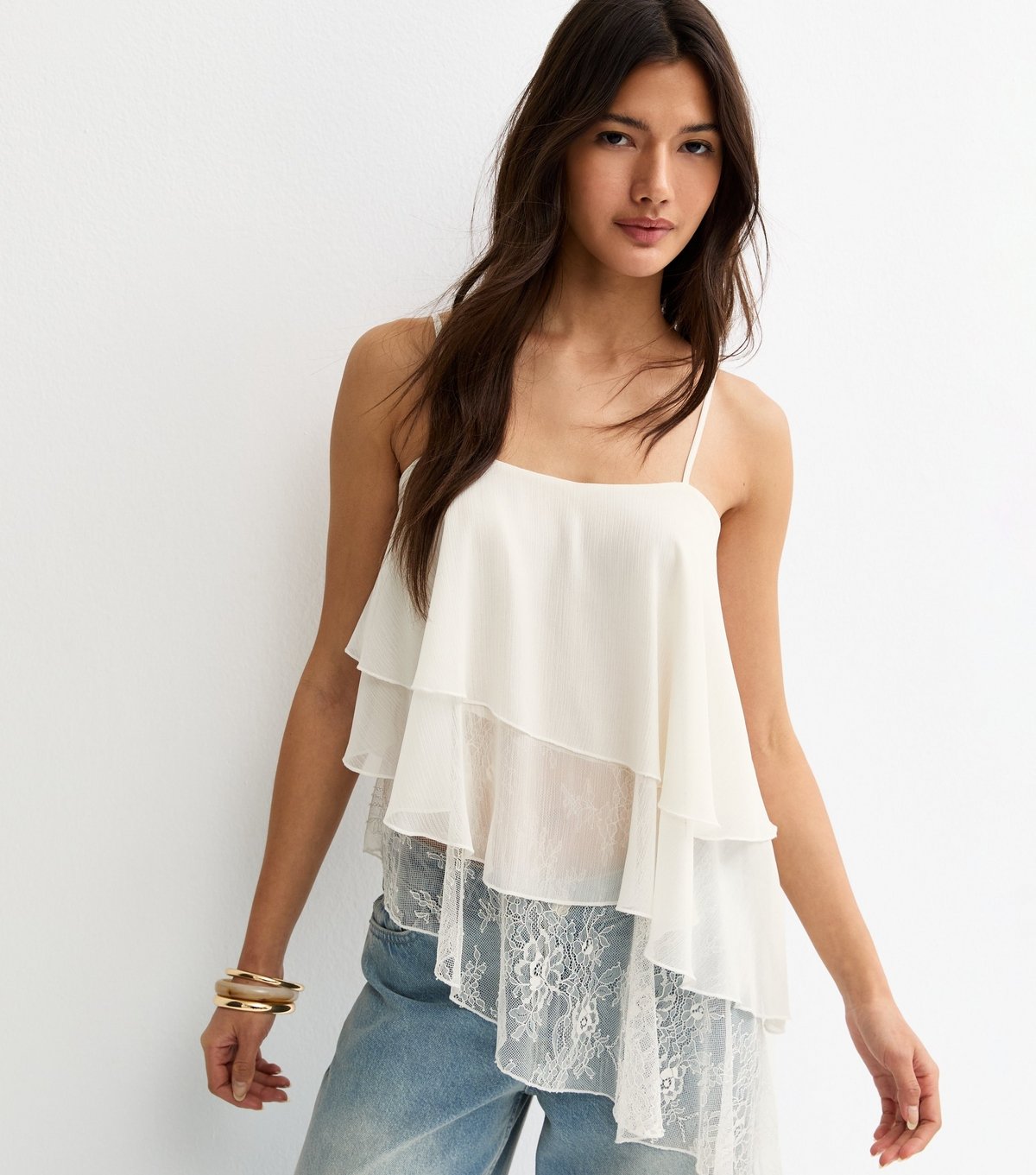 New Look Women's Off White Lace Asymmetric Tiered Cami Top New Look - 2