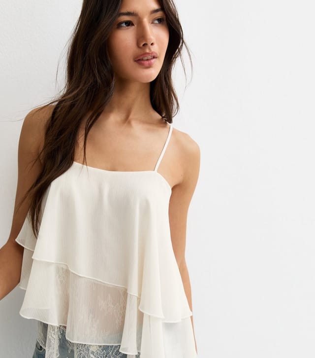 New Look Women's Off White Lace Asymmetric Tiered Cami Top New Look - 3