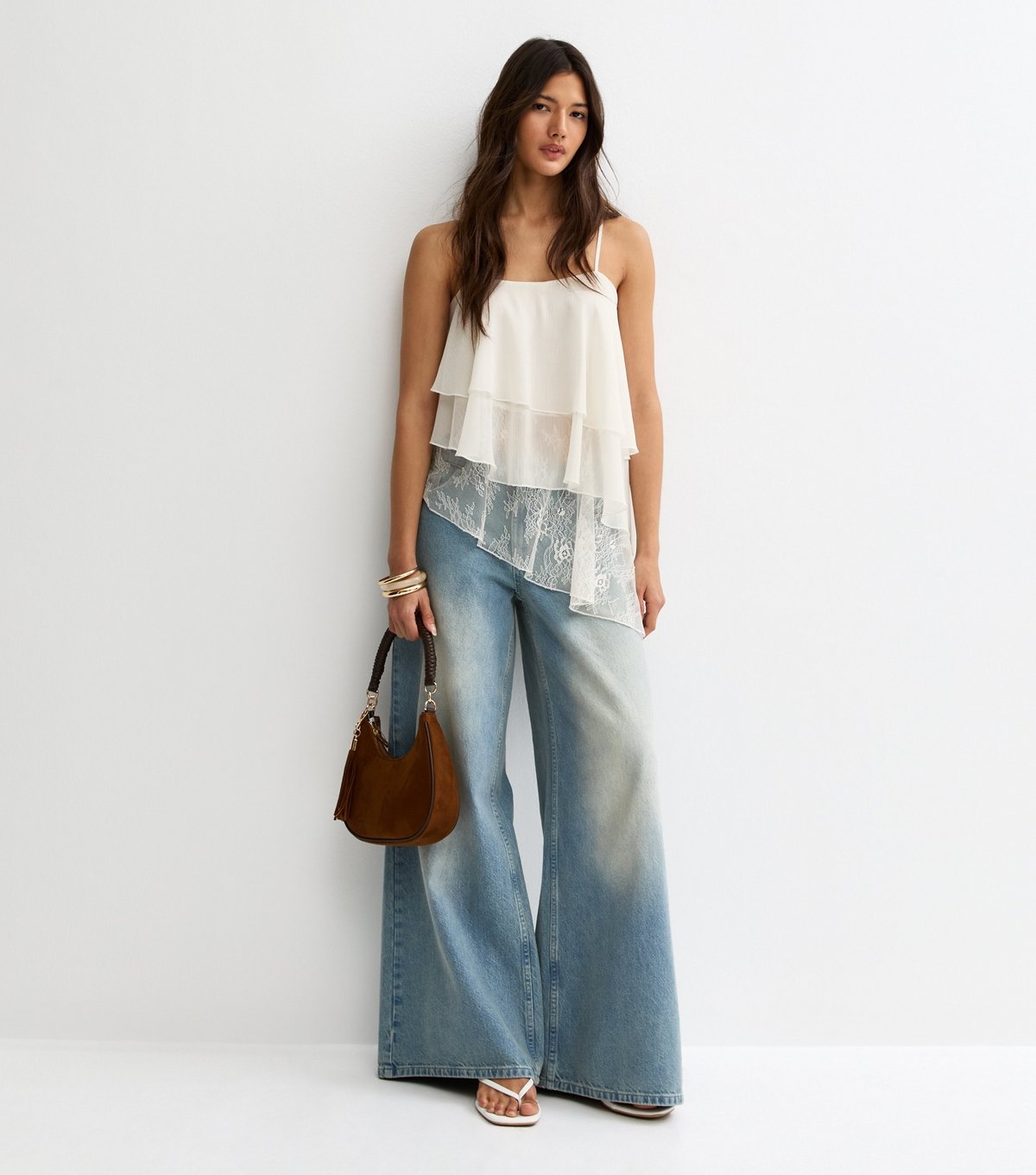 New Look Women's Off White Lace Asymmetric Tiered Cami Top New Look - 4