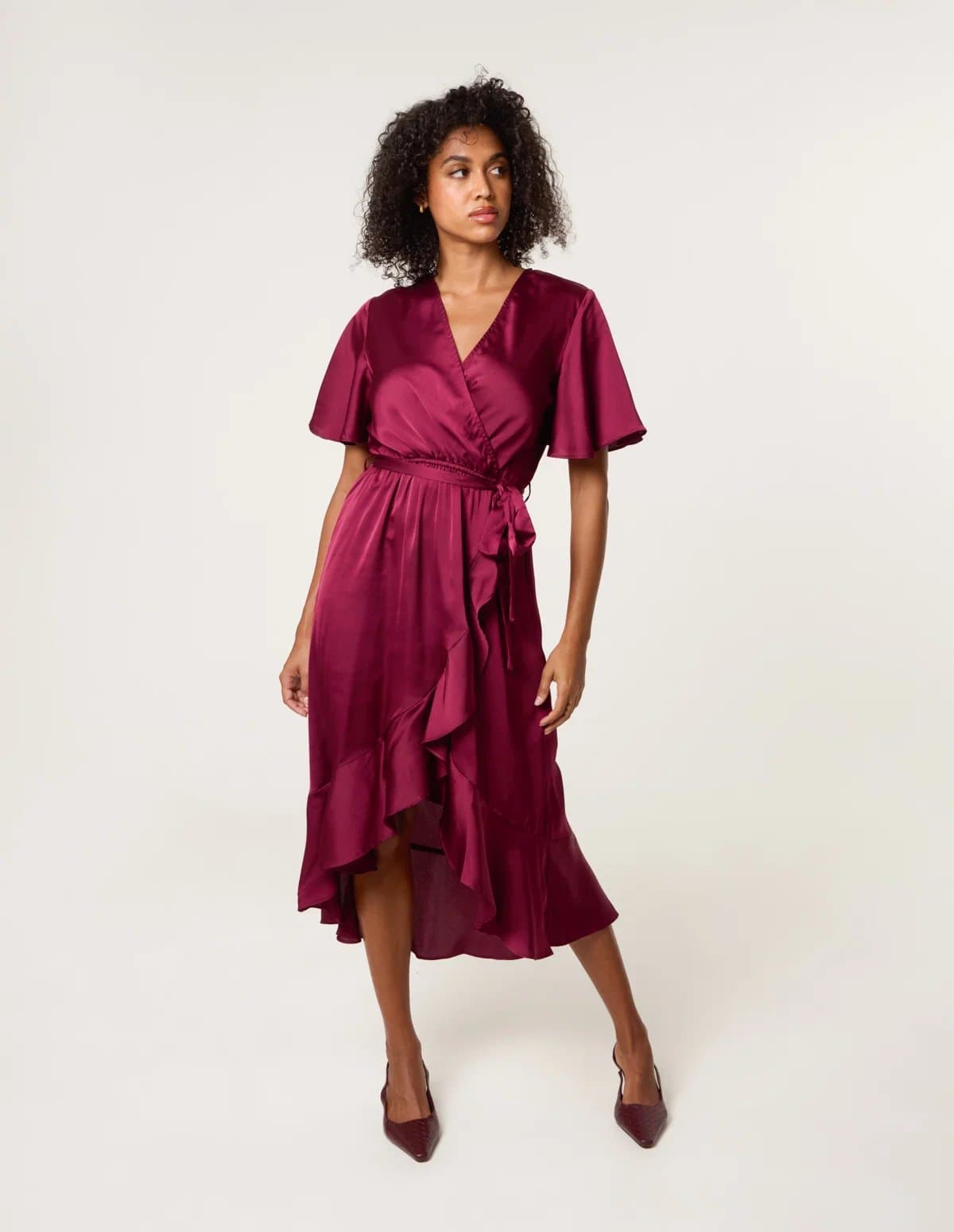 Blue Vanilla Satin Wrap Frill High To Low Midi Dress