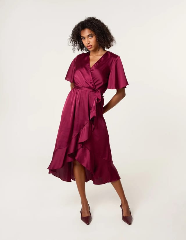 Blue Vanilla Satin Wrap Frill High To Low Midi Dress - 2