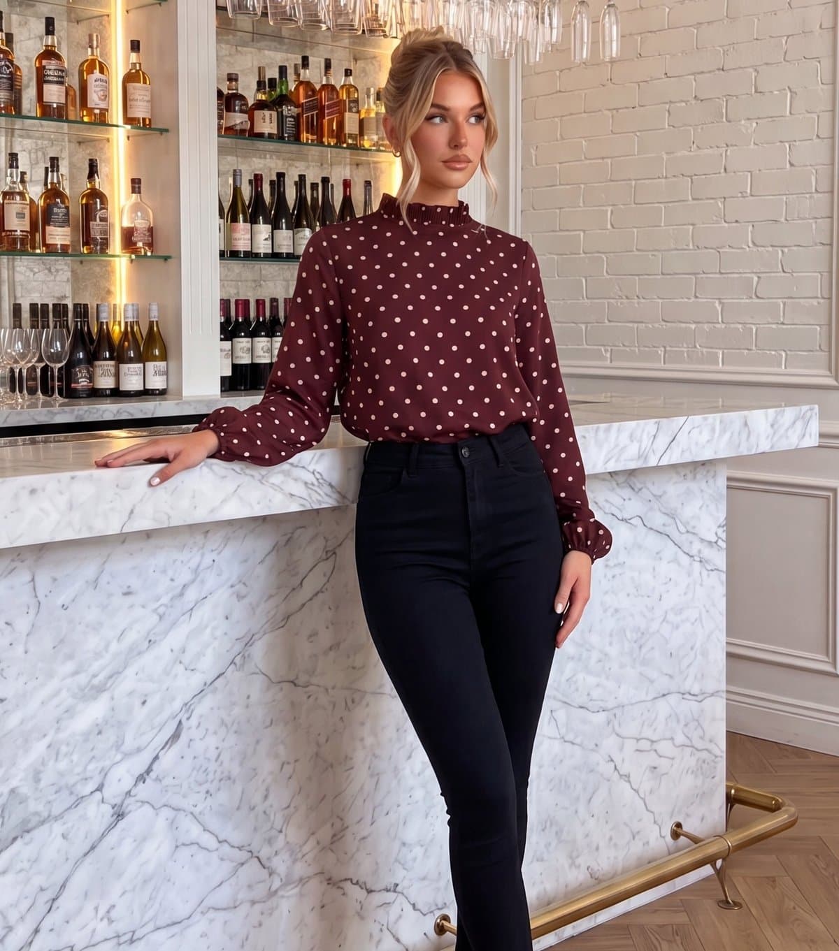 AX Paris Women's Light Burgundy Polka Dot High Neck Frill Blouse AX Paris New Look
